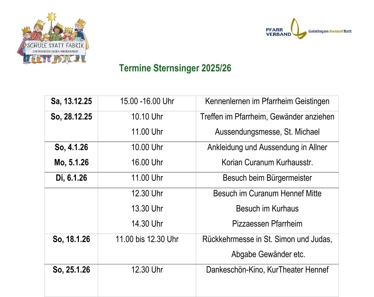 2025 Termine Sternsinger St. Michael