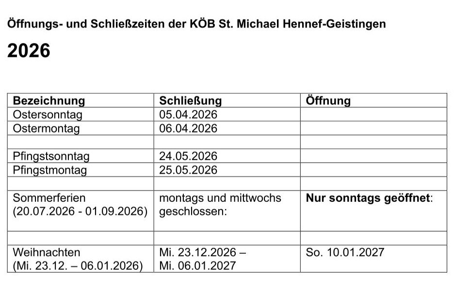 2026 Öffnungs- und Schließzeiten KÖB Geistingen